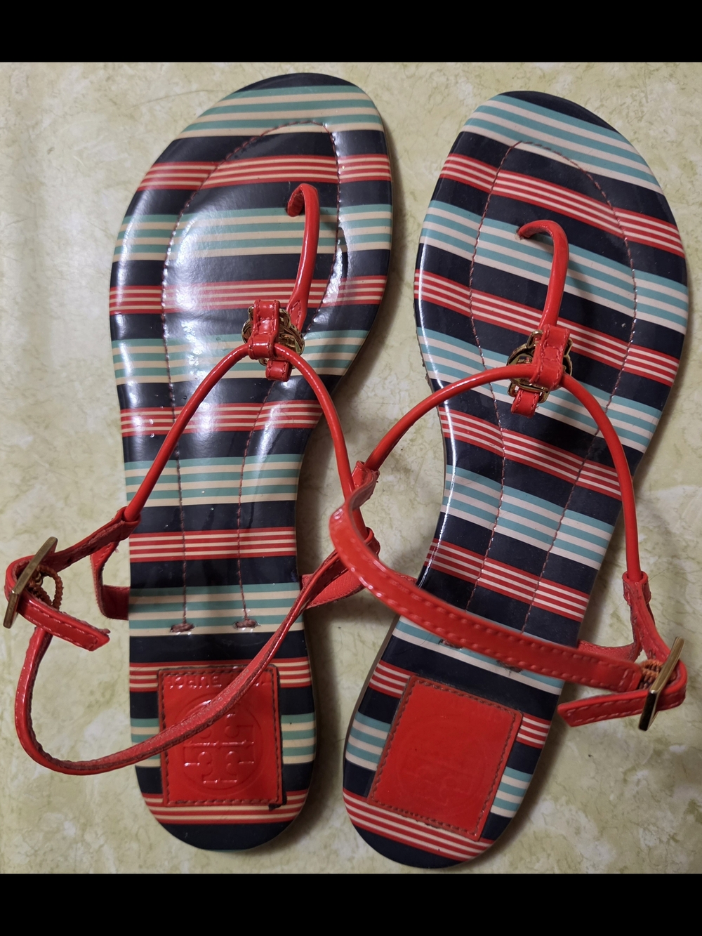 Tory Burch Red Strap Blue & Red Striped Footbed Sandals